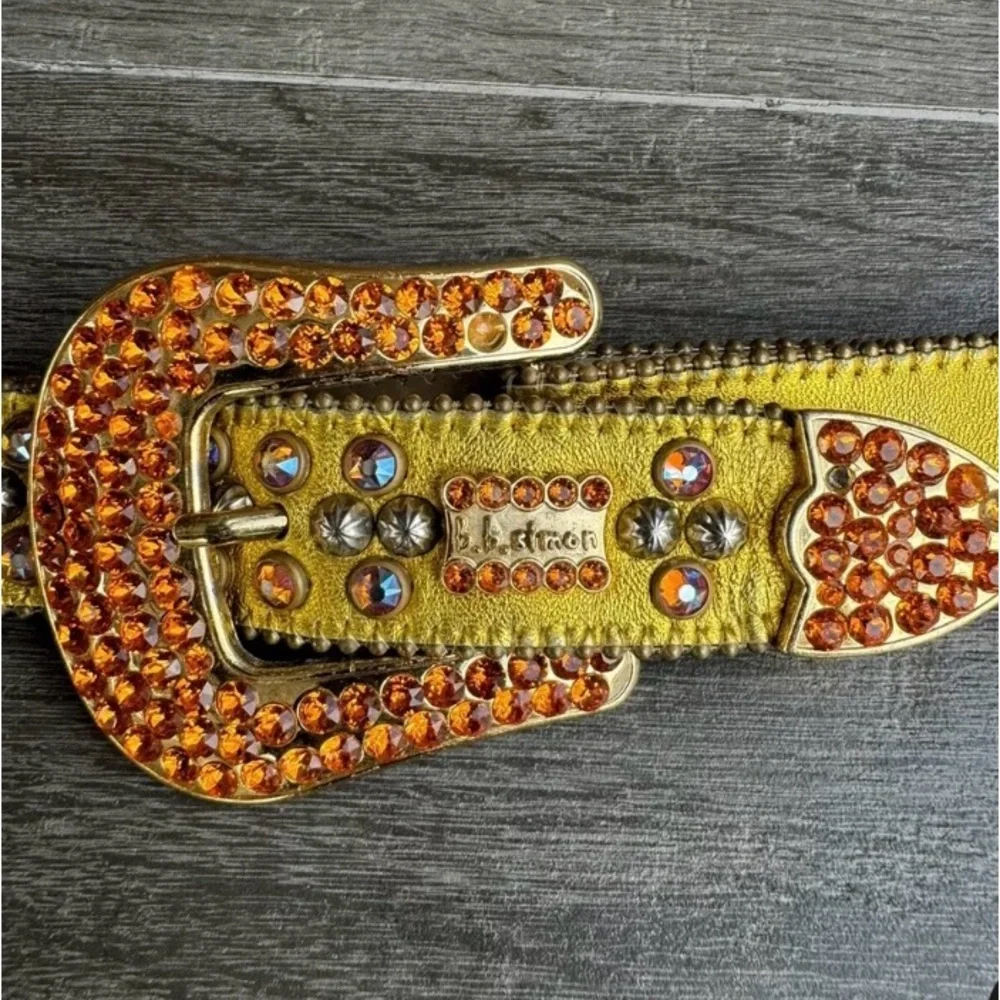 b.b. Simon Gold Fire Double Row Size 32 Studded Crystal belt - Picture 3 of 10